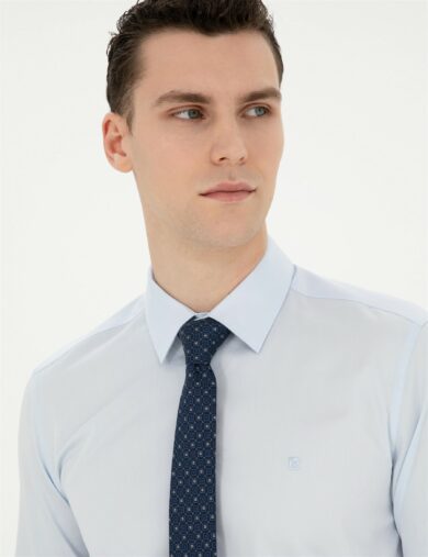 پیراهن بیسیک یقه کلاسیک آبی  اندامی آستین بلند مردانه  پیرکاردین