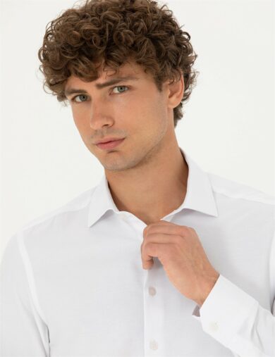 پیراهن طرح دار یقه کلاسیک سفید  اندامی آستین بلند مردانه  پیرکاردین