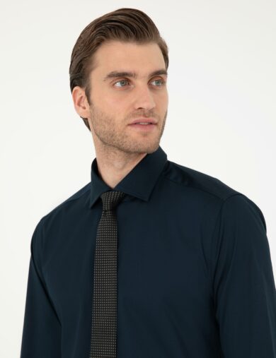 پیراهن بیسیک یقه کلاسیک لاجورد  سوپر اسلیم فیت آستین بلند مردانه  پیرکاردین