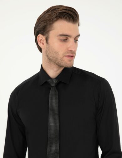 پیراهن بیسیک یقه کلاسیک سیاه  سوپر اسلیم فیت آستین بلند مردانه  پیرکاردین