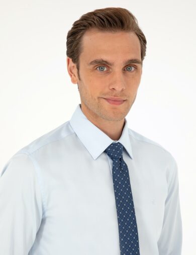 پیراهن بیسیک یقه کلاسیک آبی  اندامی آستین بلند مردانه  پیرکاردین