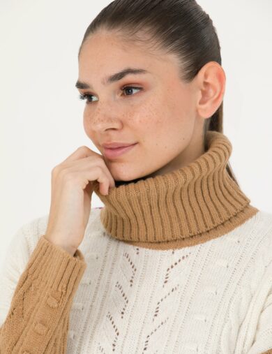 ژاکت تریکو یقه اسکی قهوه ای  کراپ تاپ آستین بلند زنانه  پیرکاردین