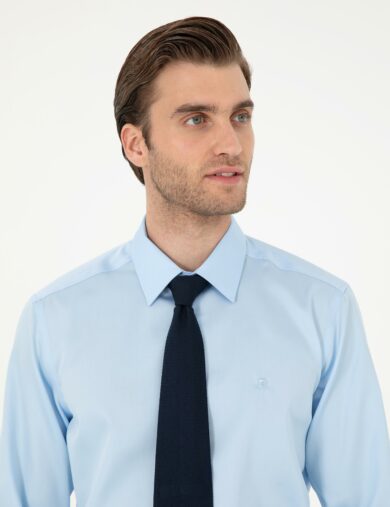 پیراهن بیسیک یقه کلاسیک آبی  اندامی آستین بلند مردانه  پیرکاردین