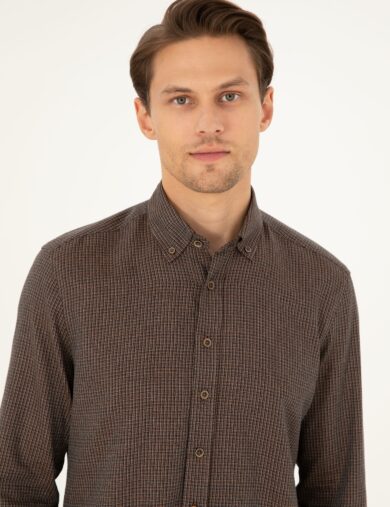 پیراهن طرح دار  قهوه ای  اندامی آستین بلند مردانه  پیرکاردین