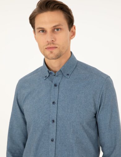 پیراهن طرح دار  آبی  اندامی آستین بلند مردانه  پیرکاردین