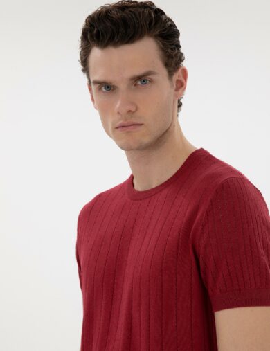 ژاکت تریکو یقه گرد قرمز  رگولار آستین کوتاه مردانه  پیرکاردین