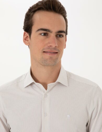 پیراهن طرح دار یقه ایتالیایی بژ  اندامی آستین بلند مردانه  پیرکاردین