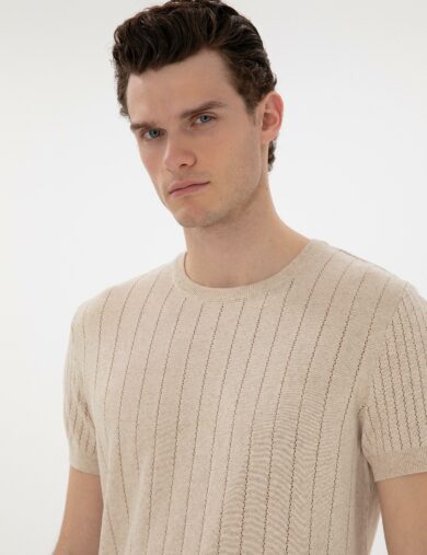 ژاکت تریکو یقه گرد بژ  رگولار آستین کوتاه مردانه  پیرکاردین