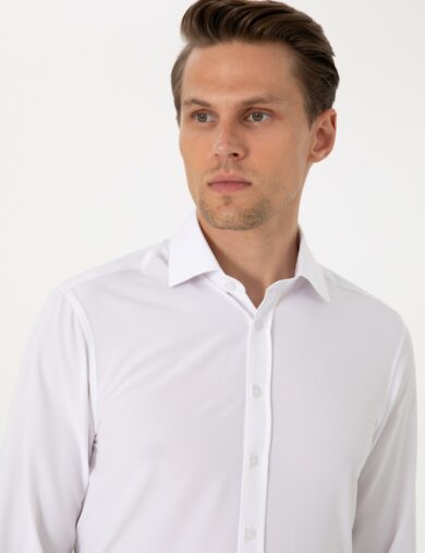 پیراهن طرح دار یقه ایتالیایی سفید  سوپر اسلیم فیت آستین بلند مردانه  پیرکاردین