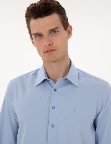 پیراهن طرح‌دار یقه کلاسیک آبی  اندامی آستین بلند مردانه  پیرکاردین