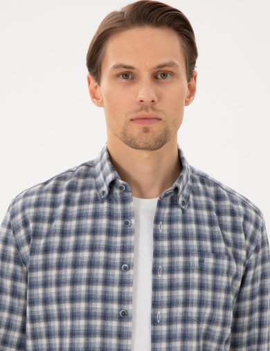پیراهن طرح دار  آبی  رگولار آستین بلند مردانه  پیرکاردین