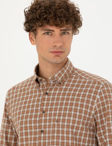 پیراهن طرح دار  قهوه ای  رگولار آستین بلند مردانه  پیرکاردین