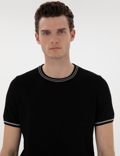 بافت یقه گرد سیاه  اندامی آستین کوتاه مردانه  پیرکاردین