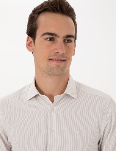 پیراهن طرح دار یقه ایتالیایی بژ  اندامی آستین بلند مردانه  پیرکاردین