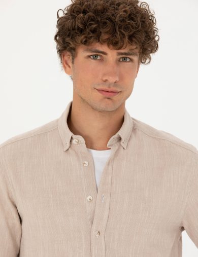 پیراهن طرح دار  بژ  رگولار آستین بلند مردانه  پیرکاردین