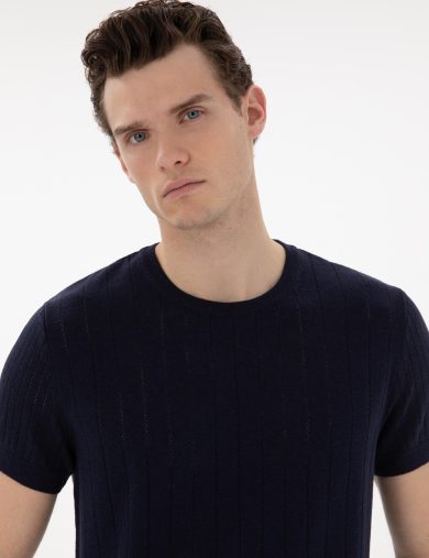 بافت یقه گرد لاجورد  رگولار آستین کوتاه مردانه  پیرکاردین