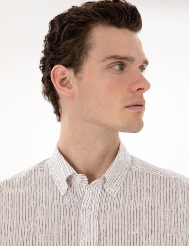 پیراهن طرح دار  خاکی  اندامی آستین بلند مردانه  پیرکاردین