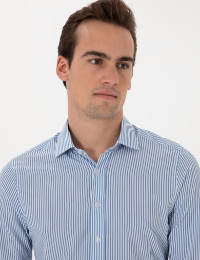 پیراهن طرح دار یقه ایتالیایی آبی  سوپر اسلیم فیت آستین بلند مردانه  پیرکاردین