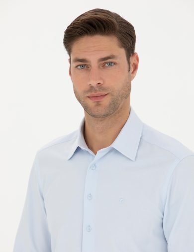 پیراهن طرح دار یقه کلاسیک آبی  اندامی آستین بلند مردانه  پیرکاردین