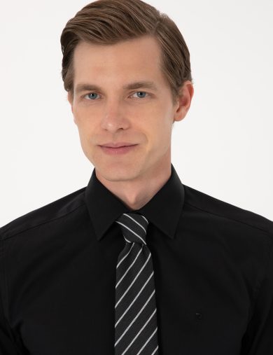 پیراهن بیسیک یقه کلاسیک سیاه  اندامی آستین بلند مردانه  پیرکاردین