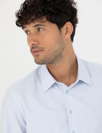 پیراهن طرح دار یقه کلاسیک آبی  اندامی آستین بلند مردانه  پیرکاردین