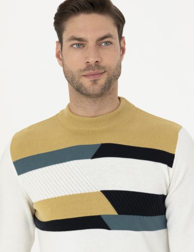 بافت یقه اسکی کرمی  اندامی آستین بلند مردانه  پیرکاردین